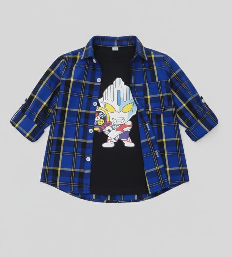 BOYS DOUBLE LAYER CHECK SHIRT IN COTTON-BLUE