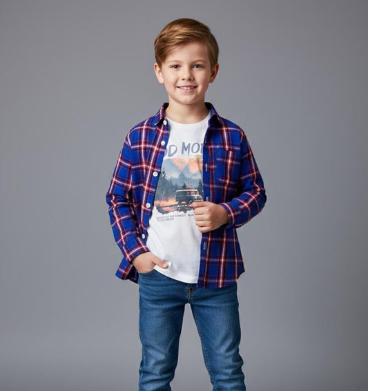 BOYS CHECKERED DOUBLE LAYER COTTON SHIRT-BLUE COLOUR WITH RED CHECKS