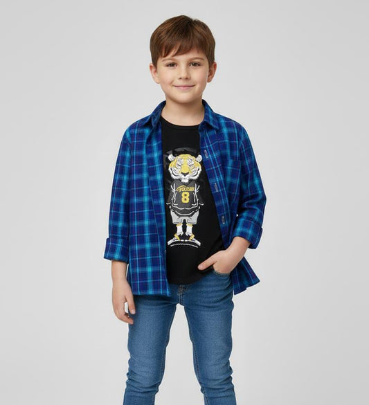 BOYS DOUBLE LAYER COTTON CHECK SHIRT-BLUE CHECKERED