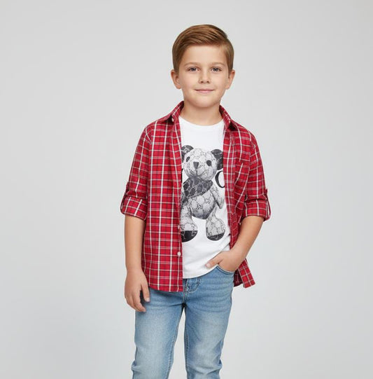 BOYS DOUBLE LAYER COTTON SHIRT IN VIBRANT COLOUR-RED CHECK