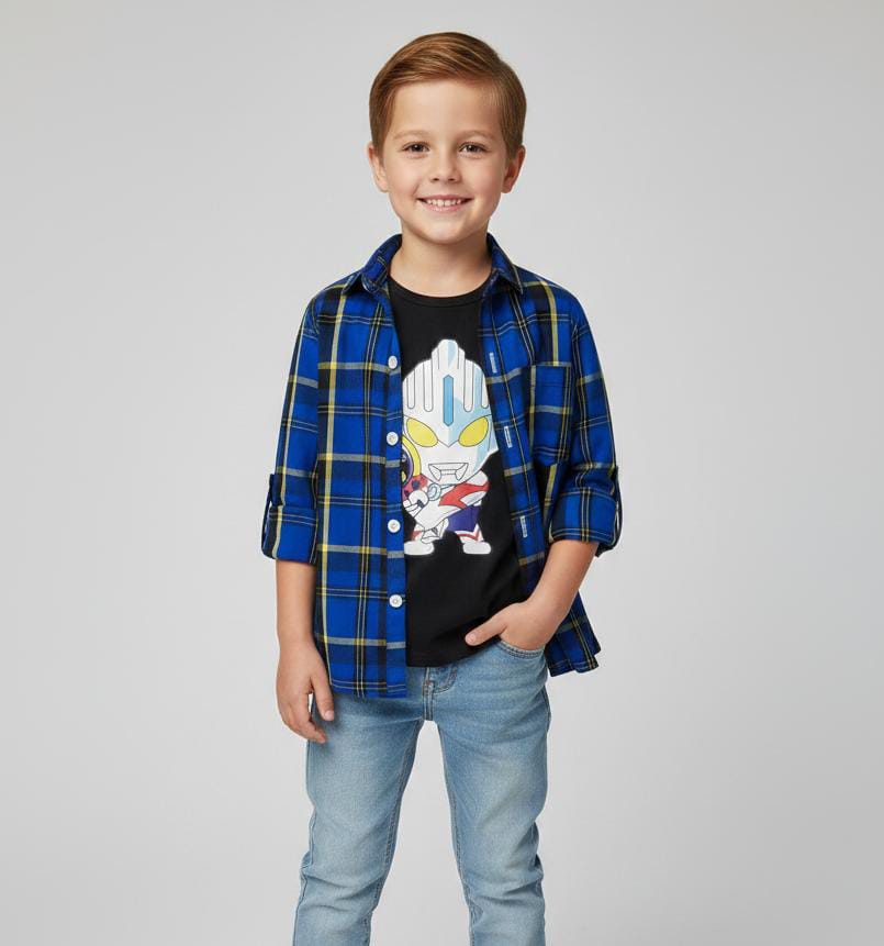 BOYS DOUBLE LAYER CHECK SHIRT IN COTTON-BLUE