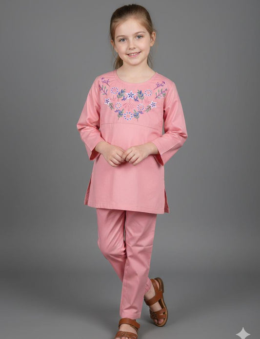 EID SPECIAL! GIRLS COTTON SUIT IN BEAUTIFUL COLOUR AND EMBROIDERY DESIGN-DARK PINK