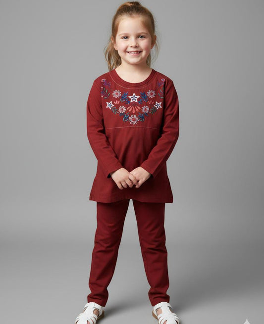 EID SPECIAL! GIRLS COTTON SUIT IN BEAUTIFUL COLOUR AND EMBROIDERY DESIGN-MEHROON