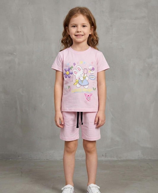 GIRLS COMFORTABLE SHORTS & SHIRT SET FOR SUMMERS MADE IN PURE JERSEY COTTON- LIGHT PINK