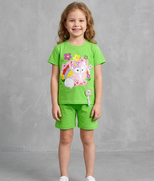 GIRLS COMFORTABLE SHORTS & SHIRT SET FOR SUMMERS MADE IN PURE JERSEY COTTON- LIGHT GREEN