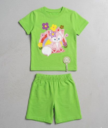 GIRLS COMFORTABLE SHORTS & SHIRT SET FOR SUMMERS MADE IN PURE JERSEY COTTON- LIGHT GREEN