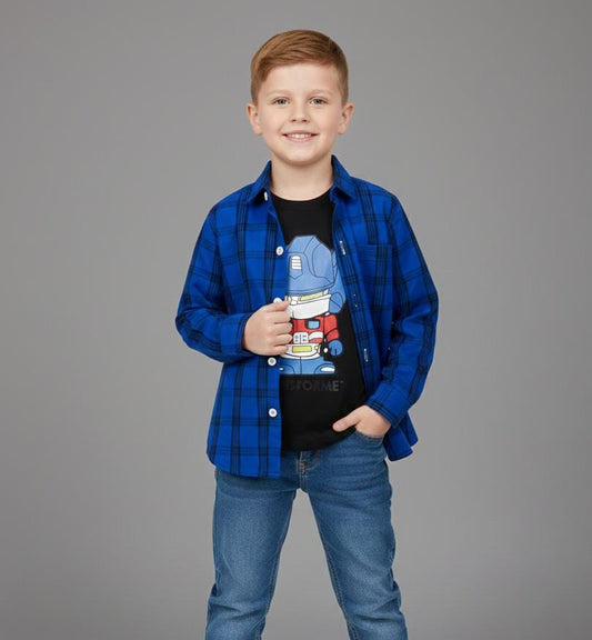 BOYS DOUBLE LAYER CHECK SHIRT IN COTTON-BLUE AND BLACK