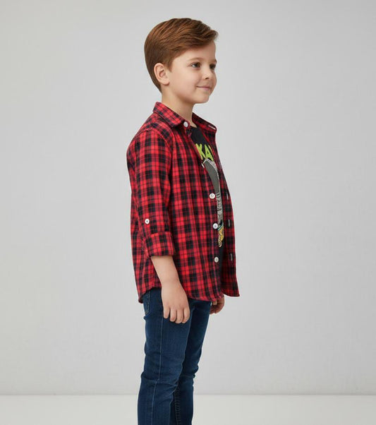 BOYS PREMIUM DOUBLE LAYER COTTON SHIRT-RED AND BLACK CHECKERED