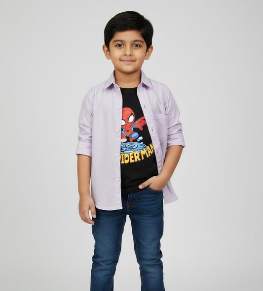 BOYS DOUBLE LAYER PLAIN COTTON SHIRT-LIGHT PURPLE