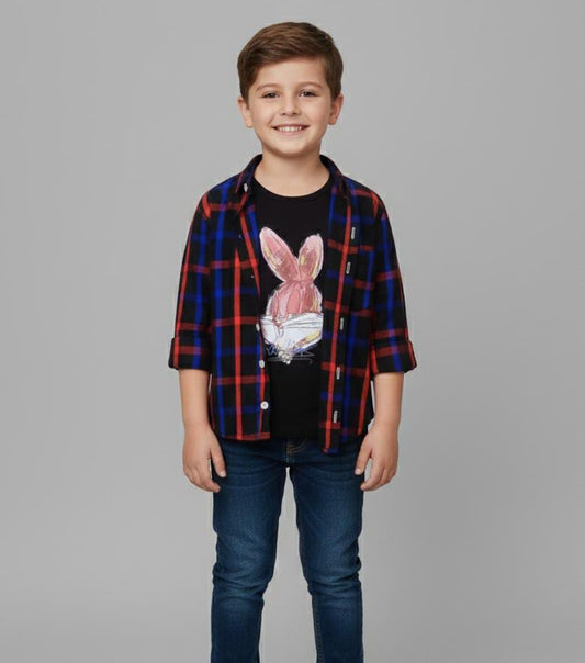 BOYS DOUBLE LAYER CHECKERED COTTON SHIRT-CHECK SHIRT