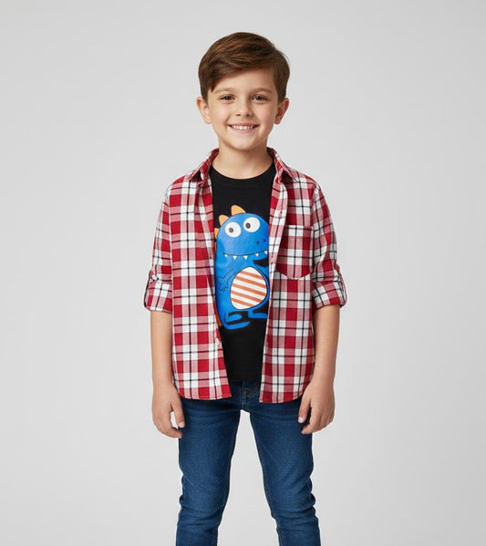 BOYS DOUBLE LAYERED CHECK SHIRT IN COTTON-RED AND WHITE CHECK DESIGN