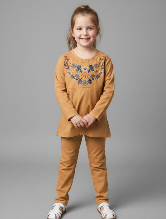 EID SPECIAL! GIRLS COTTON SUIT IN BEAUTIFUL COLOUR AND EMBROIDERY DESIGN-MUSTARD